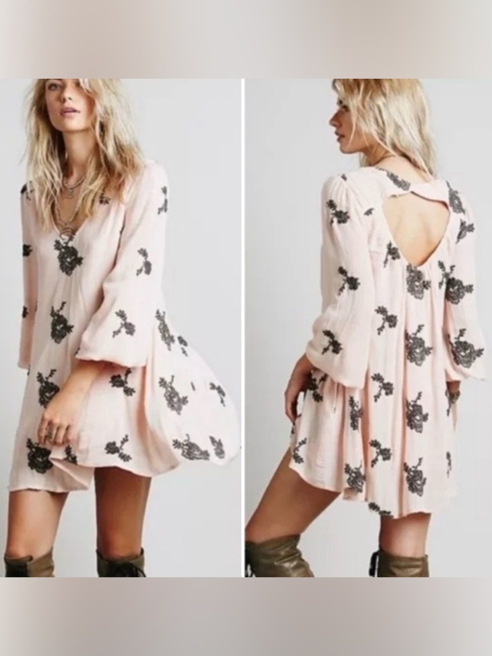 Free People Sm Emma Austin Floral Embroidered Tunic Boho Swing Dress Pink Mini